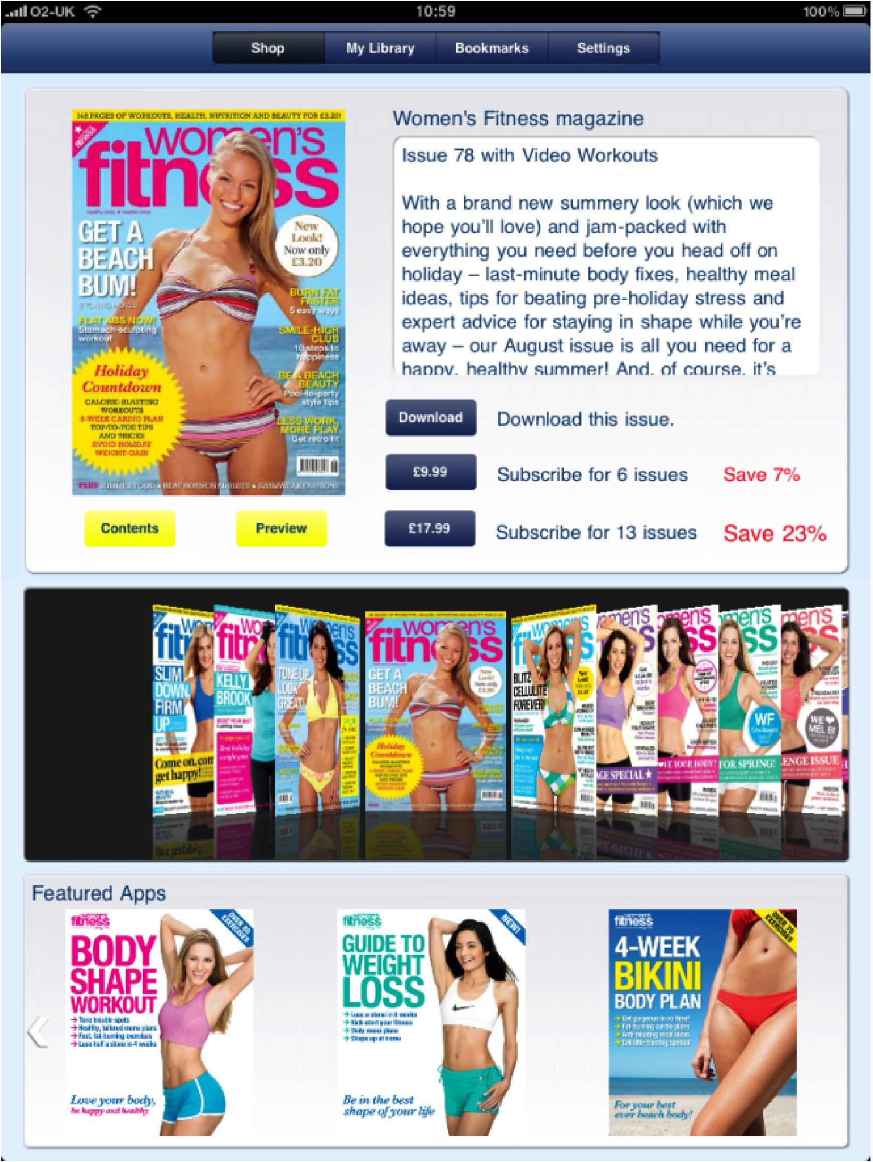 A sample home screen, showing the library of issues and other options