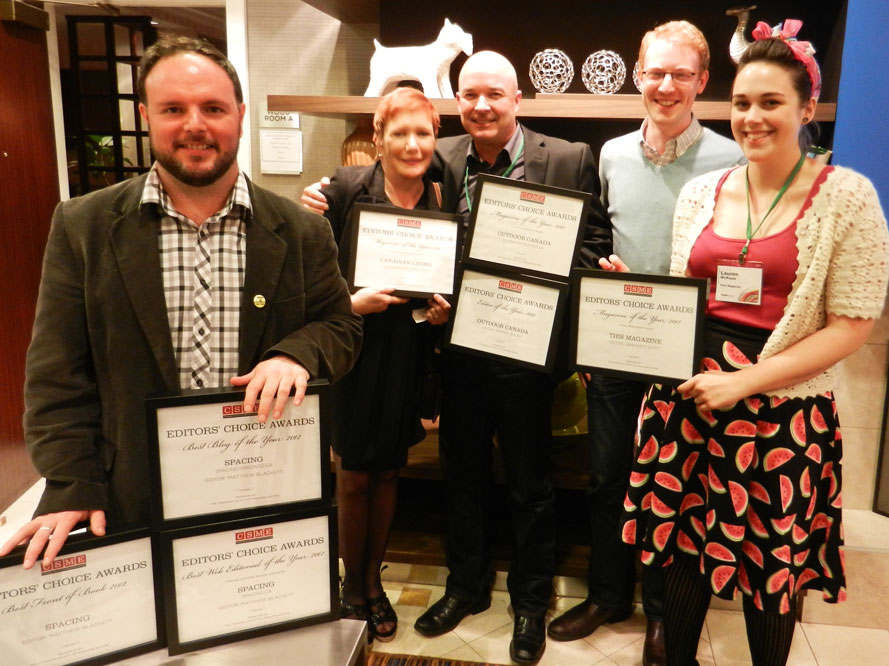 2012 CSME Award winners: Matthew Blackett, publisher and creative director of Spacing, Suan Antonacci, editor-in-chief of Canadian Living, Patrick Walsh, editor of Outdoor Canada, and from This Magazine Graham F. Scott previous editor and Lauren McKeon current editor