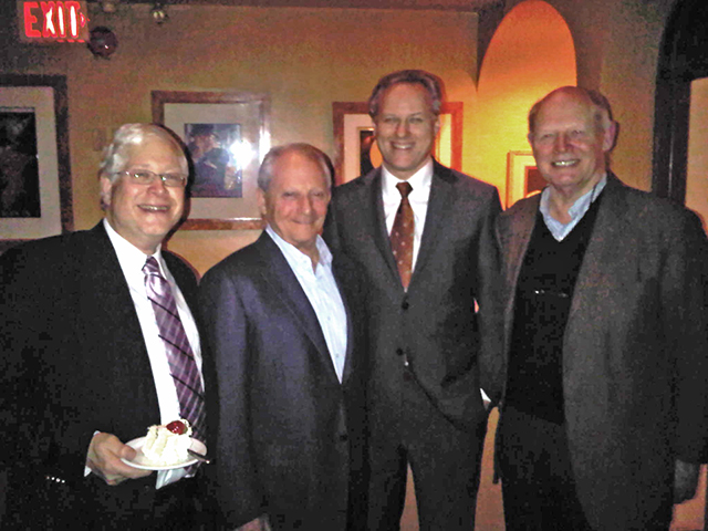 Mike Fox, left, with three generations of Rogers Publishing presidents: Brian Segal (1999-2011), Ken Whyte (current) and Jim Warrillow (late 1980s-1997)