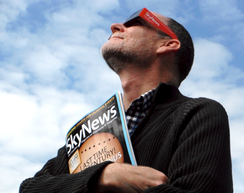 Masthead publisher Doug Bennet models the special eclipse glasses from SkyNews